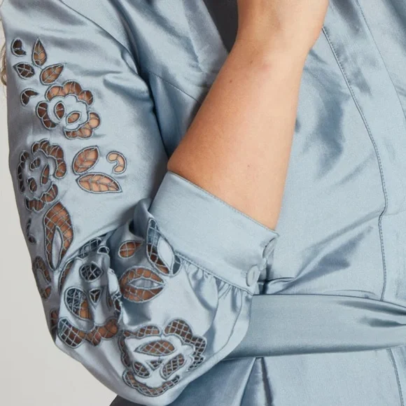 Rickie Freeman/Teri John Taffeta Shirtdress Gown With Eyelet Sleeve And Collar - Picture 2 of 9